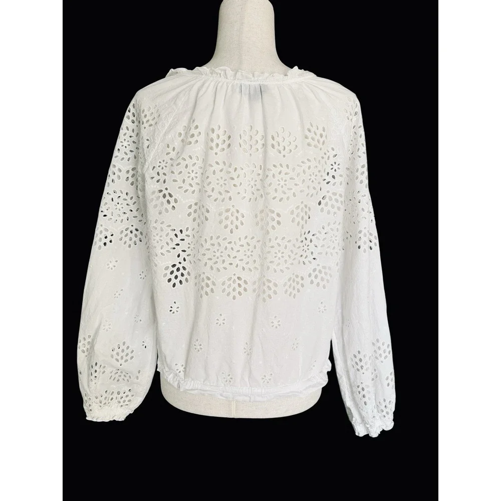 Theory Maryana Vintage Eyelet Blouse Jacket Small‎ White Boho Tassels Airy L/S